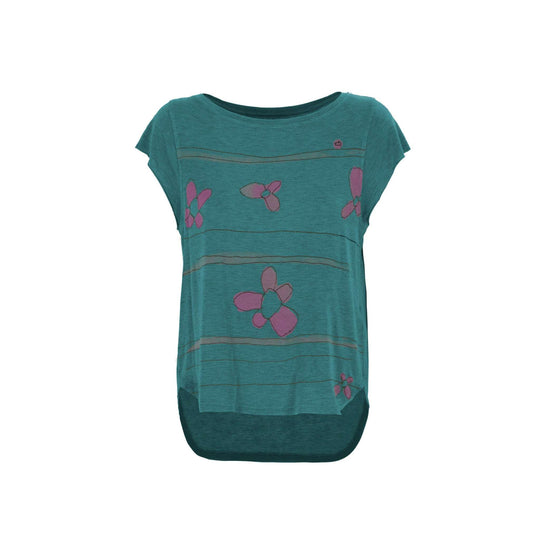 T-shirt Pimpi in jersey modal con stampa originale frontale, colore verde con dettagli rosa, vestibilità comoda.