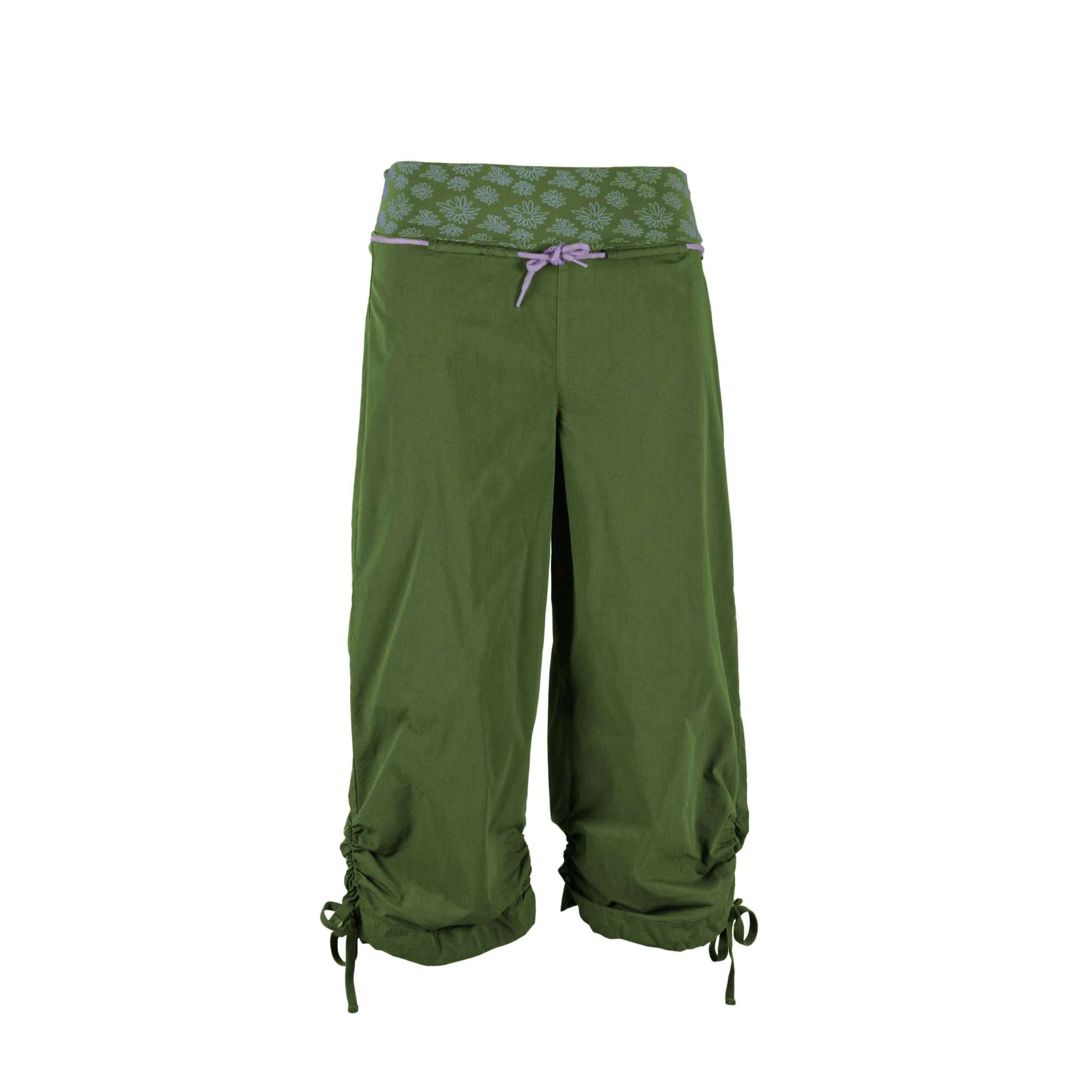 Pantaloni 3/4 outdoor in popolin tecnico con cintura bielastica in cotone biologico e ricamo, fatti in Italia