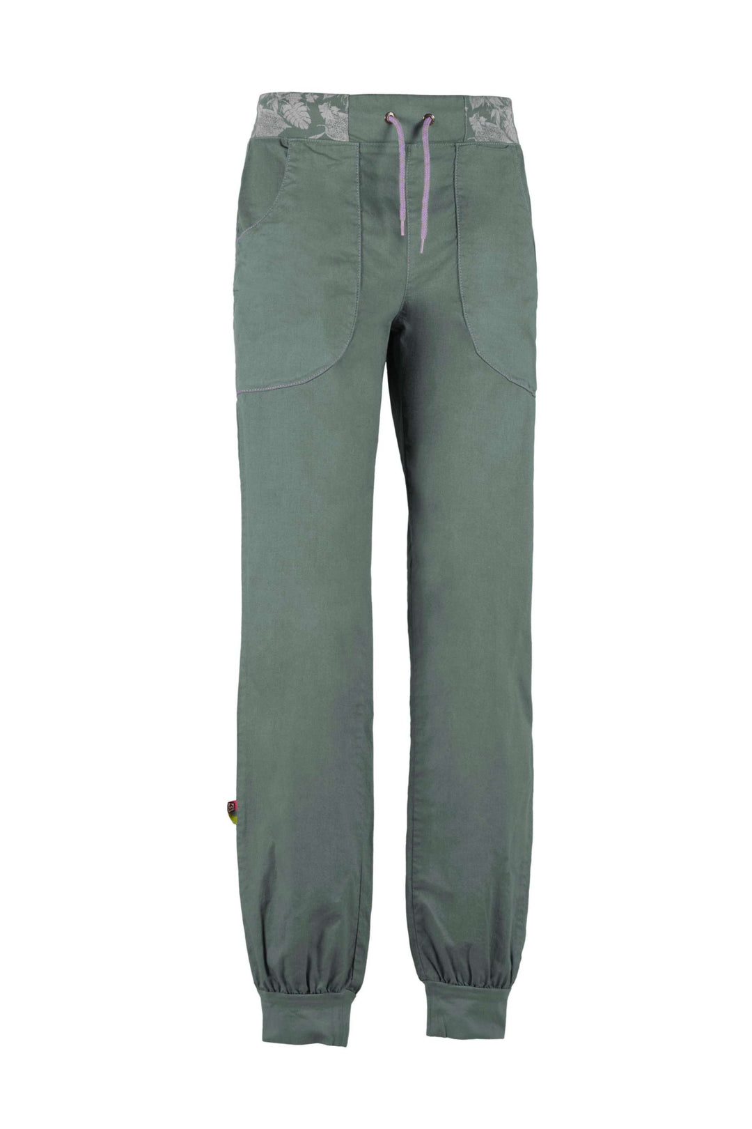 Aria outdoor climbing pants in organic linen and cotton, green, adjustable waist, made in Italy.