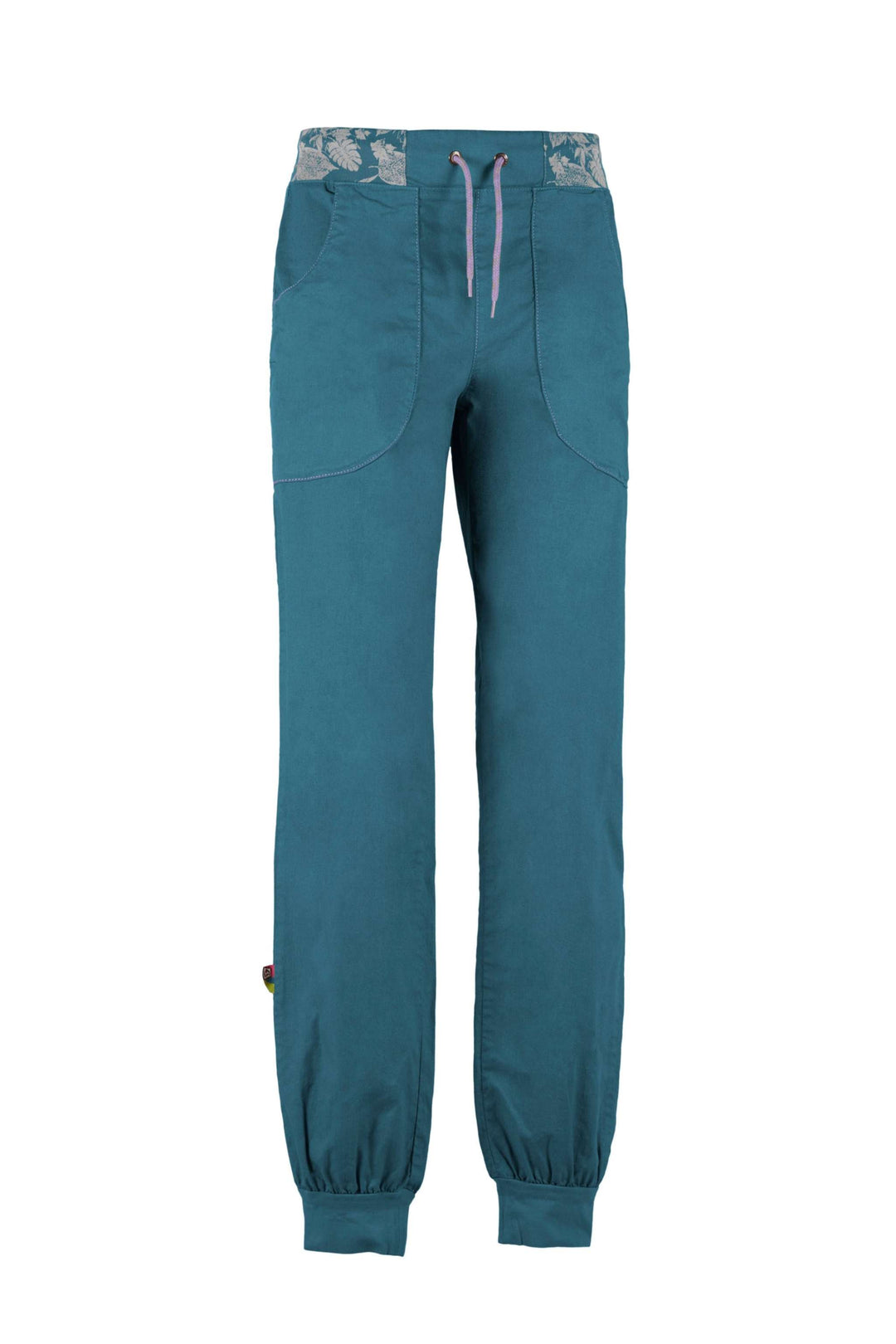 Outdoor climbing pants in teal, made from eco-friendly linen and cotton blend, featuring adjustable waist and embroidery detail.
