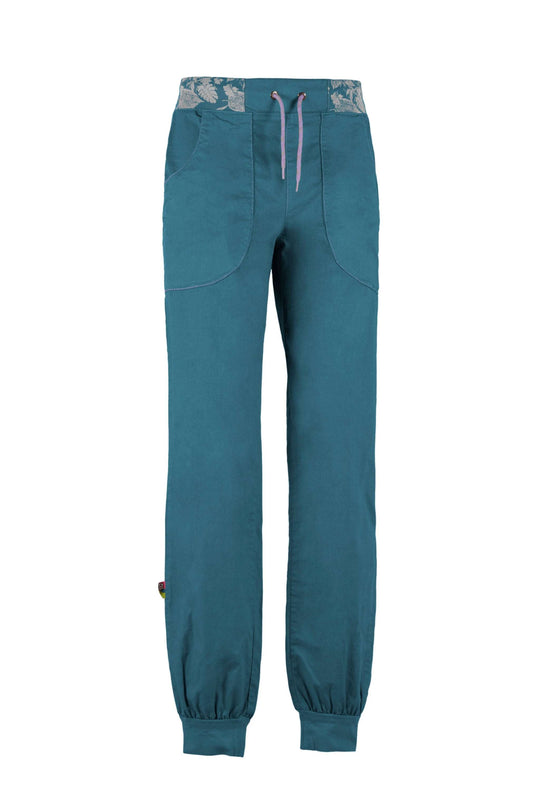 Outdoor climbing pants in teal, made from eco-friendly linen and cotton blend, featuring adjustable waist and embroidery detail.