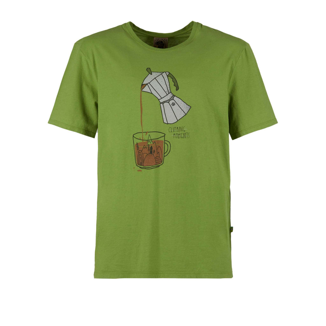 Green t-shirt with coffee pot and cup design, made of lightweight organic cotton.