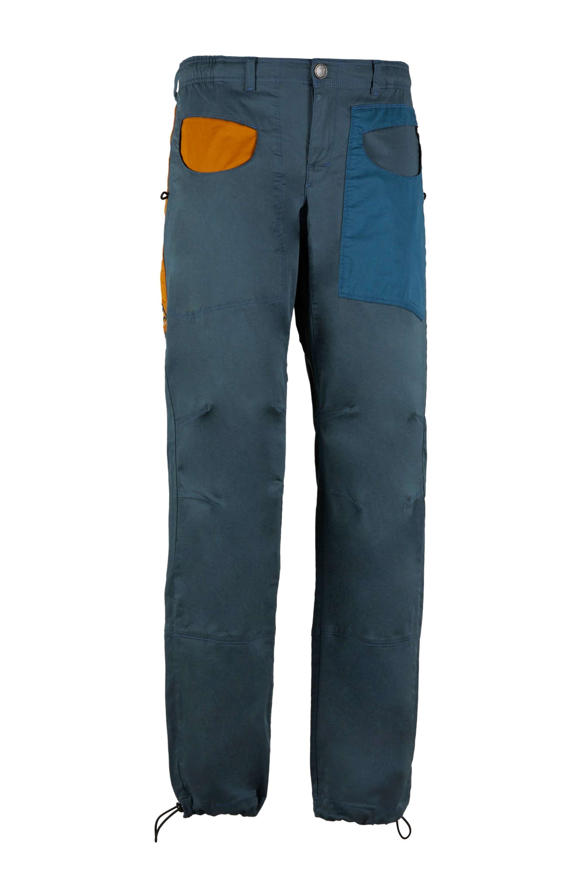 Pantaloni outdoor slim fit in cotone biologico elasticizzato con tasche colorate e vita regolabile, ideali per arrampicata e attività all'aperto.