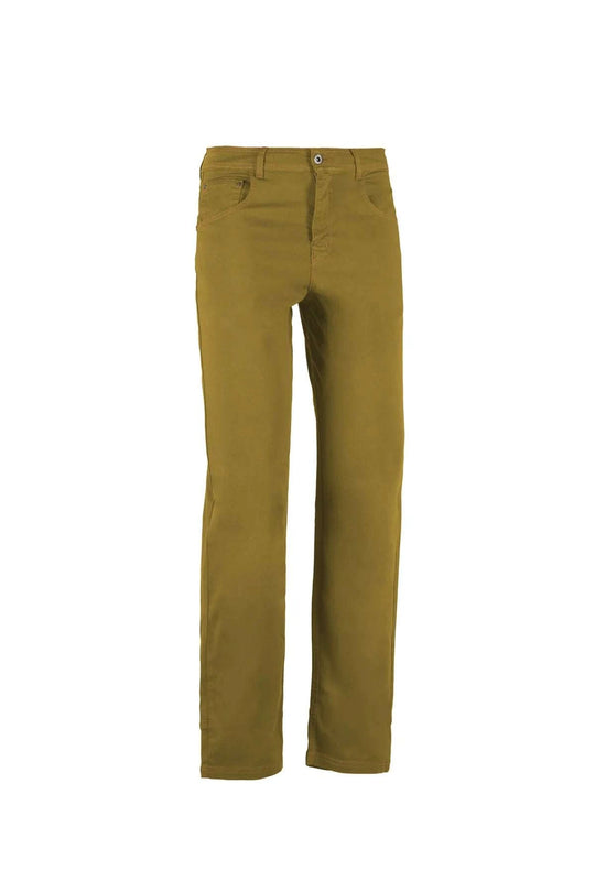 Pantaloni a 5 tasche in cotone biologico con ricamo sulla tasca posteriore e etichetta Jacron, vestibilità regolare per attività all'aperto.