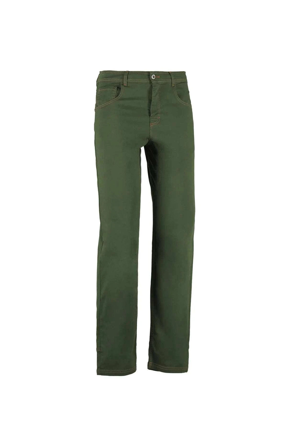Pantaloni a 5 tasche in cotone biologico con ricamo sulla tasca posteriore e etichetta Jacron, vestibilità regolare e comfort per attività all'aperto.