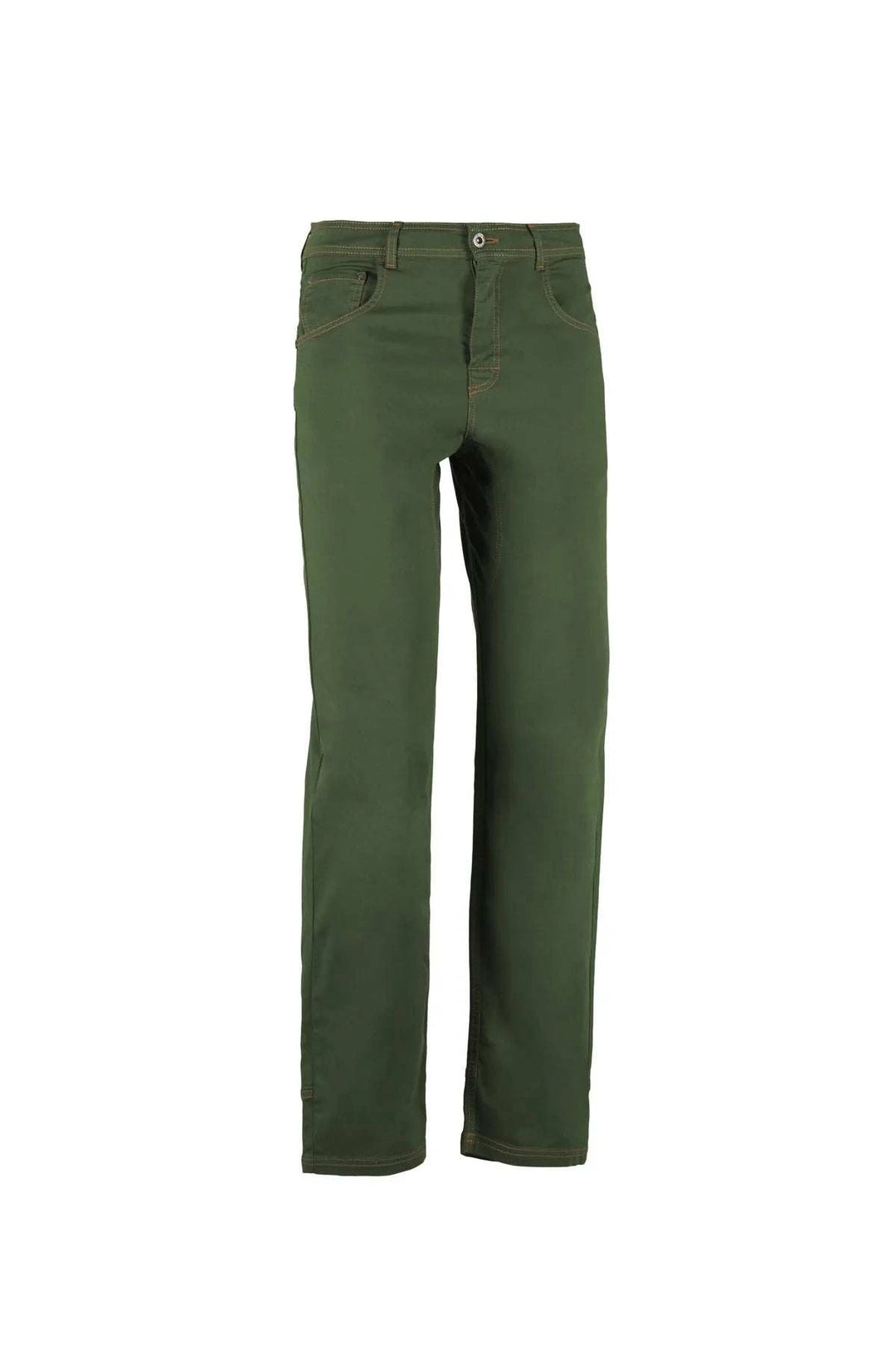 Pantaloni a 5 tasche in cotone biologico con ricamo sulla tasca posteriore e etichetta Jacron, vestibilità regolare e comfort per attività all'aperto.