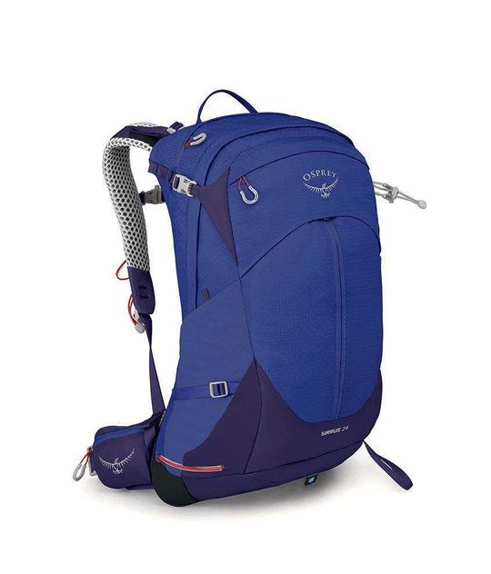 Sirrus 24 women's hiking backpack with AirSpeed suspension in blue, featuring rain cover, front pocket, waist belt pockets, and hydration sleeve.