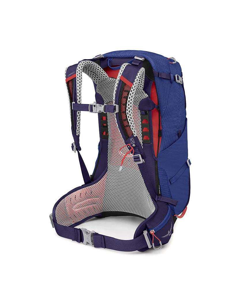 Lightweight blue Sirrus 24 women's backpack with AirSpeed suspension, integrated rain cover, and durable design for hiking.