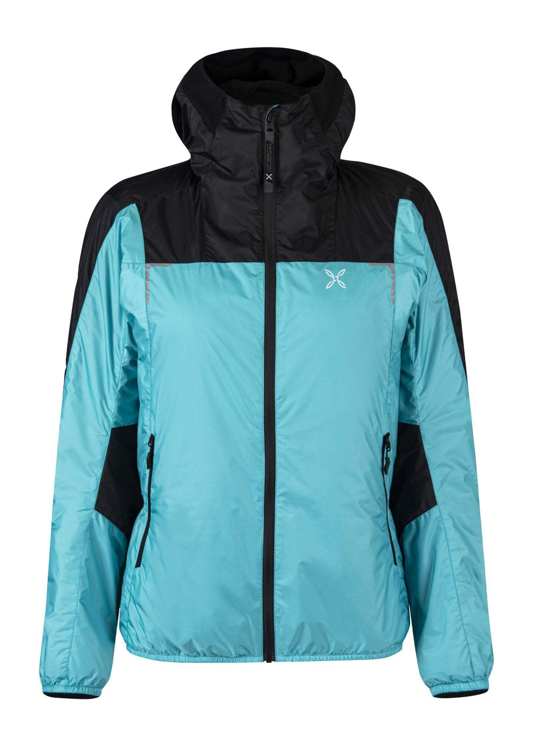 Women's insulated jacket with hood, made of nylon 2-layer fabric, featuring lightweight Comfortemp® polyester fill, elastic waist, zippered pockets, and reflective applications. Ideal for outdoor activities.