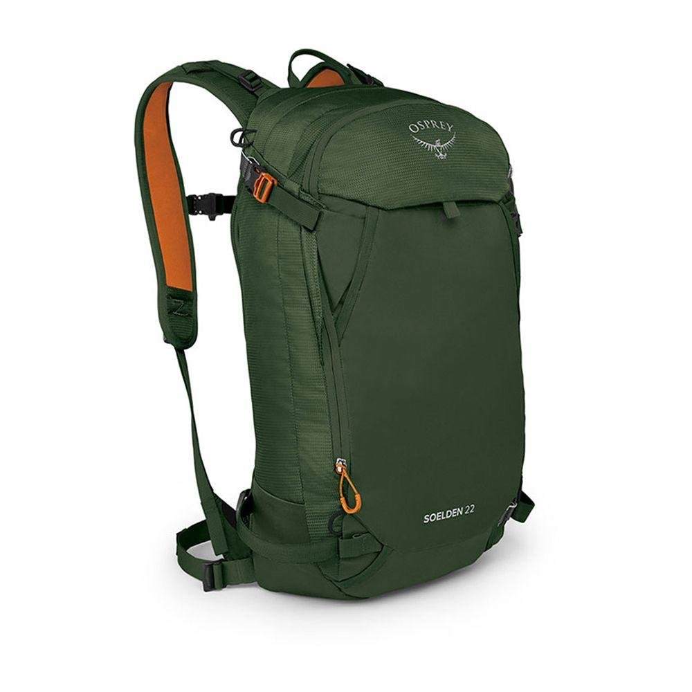 Durable green Soelden 22 backpack for off-piste use with advanced features.