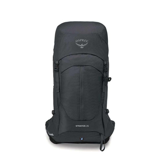 Black Stratos 26 hiking backpack with top opening and multiple compartments.