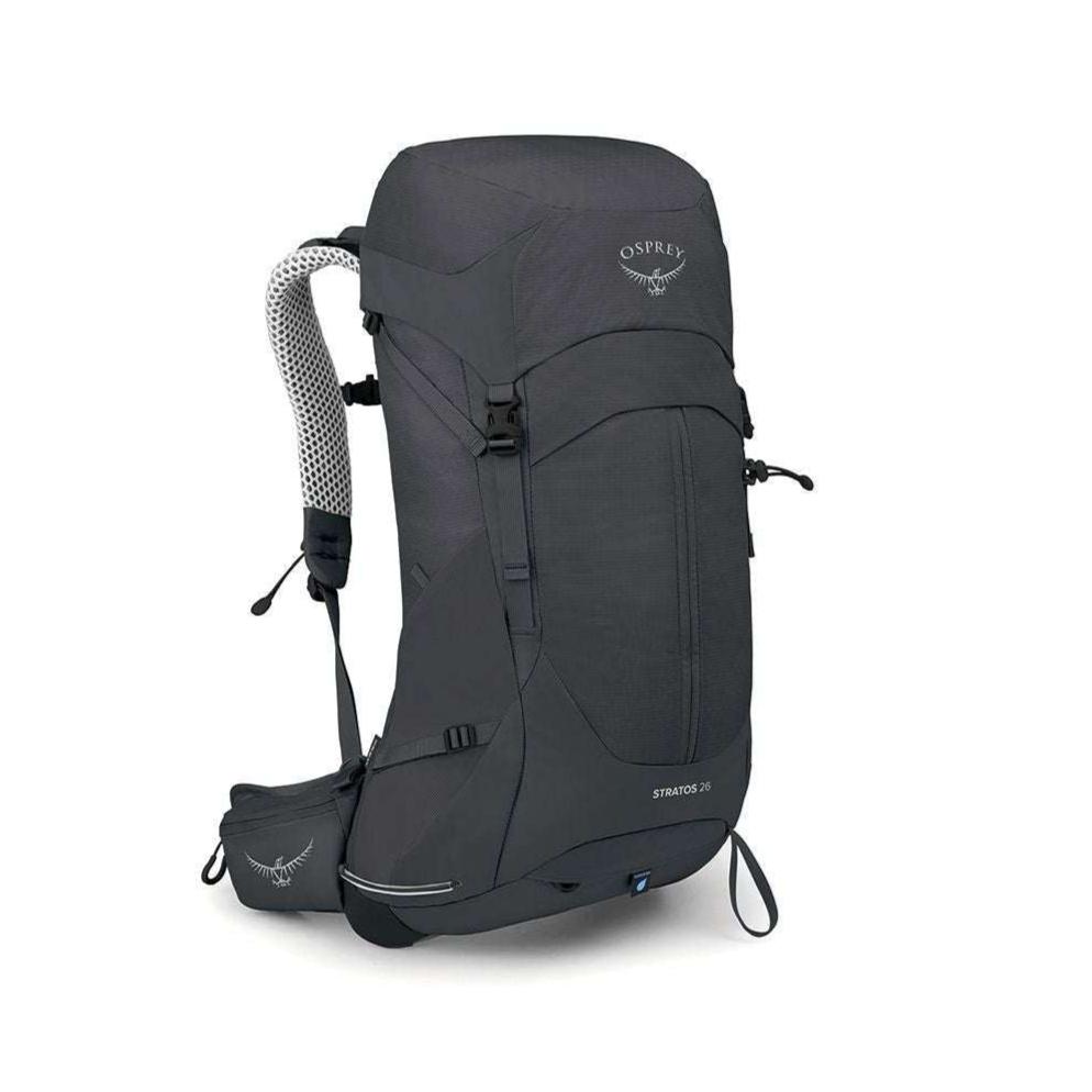 Rugged Stratos 26 backpack with AirSpeed suspension, rain cover, and multiple pockets for hiking.