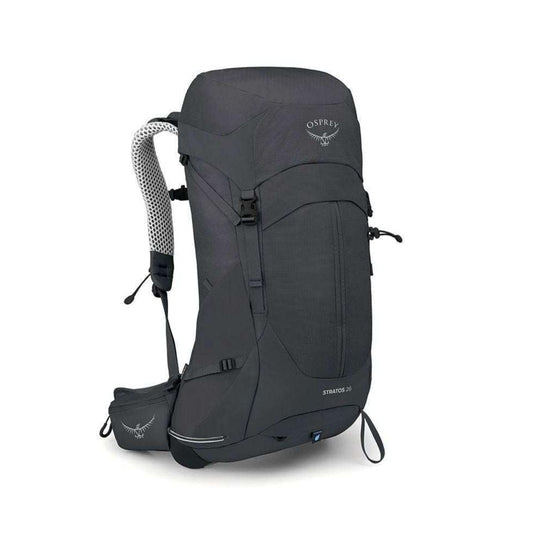 Rugged Stratos 26 backpack with AirSpeed suspension, rain cover, and multiple pockets for hiking.