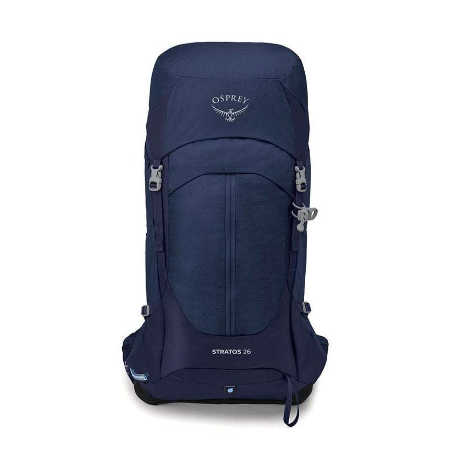 Stratos 26 backpack with robust sustainable materials, AirSpeed suspension, rain cover, and practical compartments for hiking.