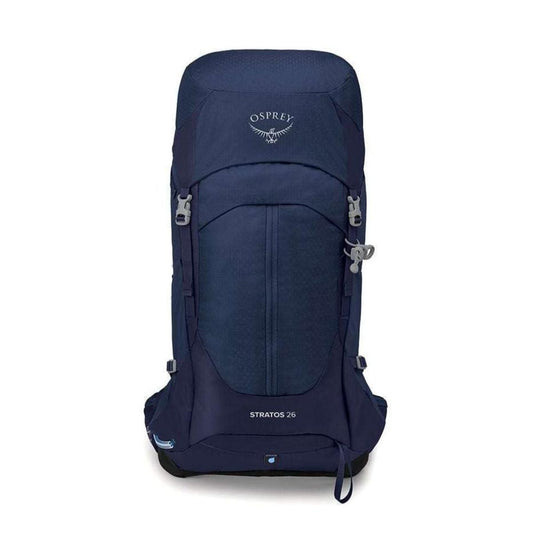 Stratos 26 backpack with robust sustainable materials, AirSpeed suspension, rain cover, and practical compartments for hiking.