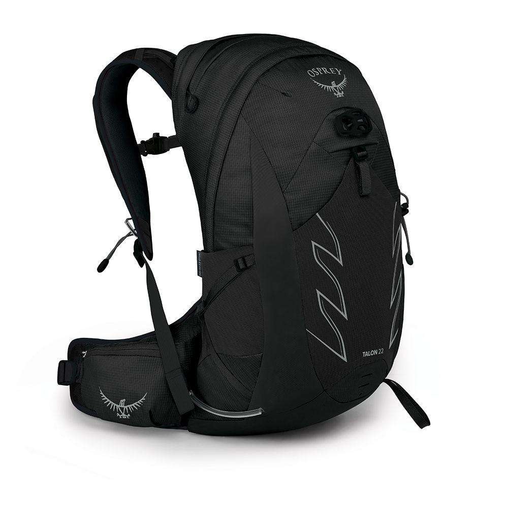 Lightweight Talon 22 backpack with AirScape™ back panel and attachments for trekking poles, ice axe, and bike helmet, made from recycled nylon.
