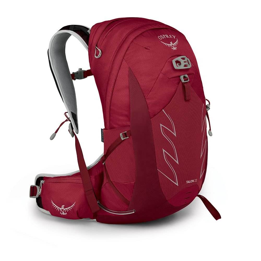 Lightweight Talon 22 backpack in red, featuring AirScape™ back panel, trekking pole attachments, and LidLock™ helmet holder.