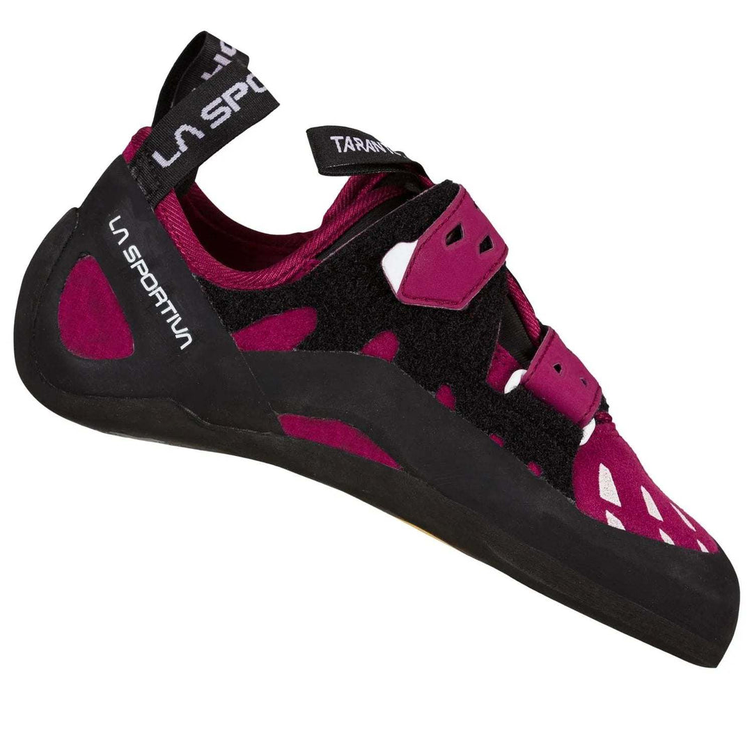 Tarantula Woman climbing shoe in red plum, versatile for beginners, features a quick strap closure and neutral shape.