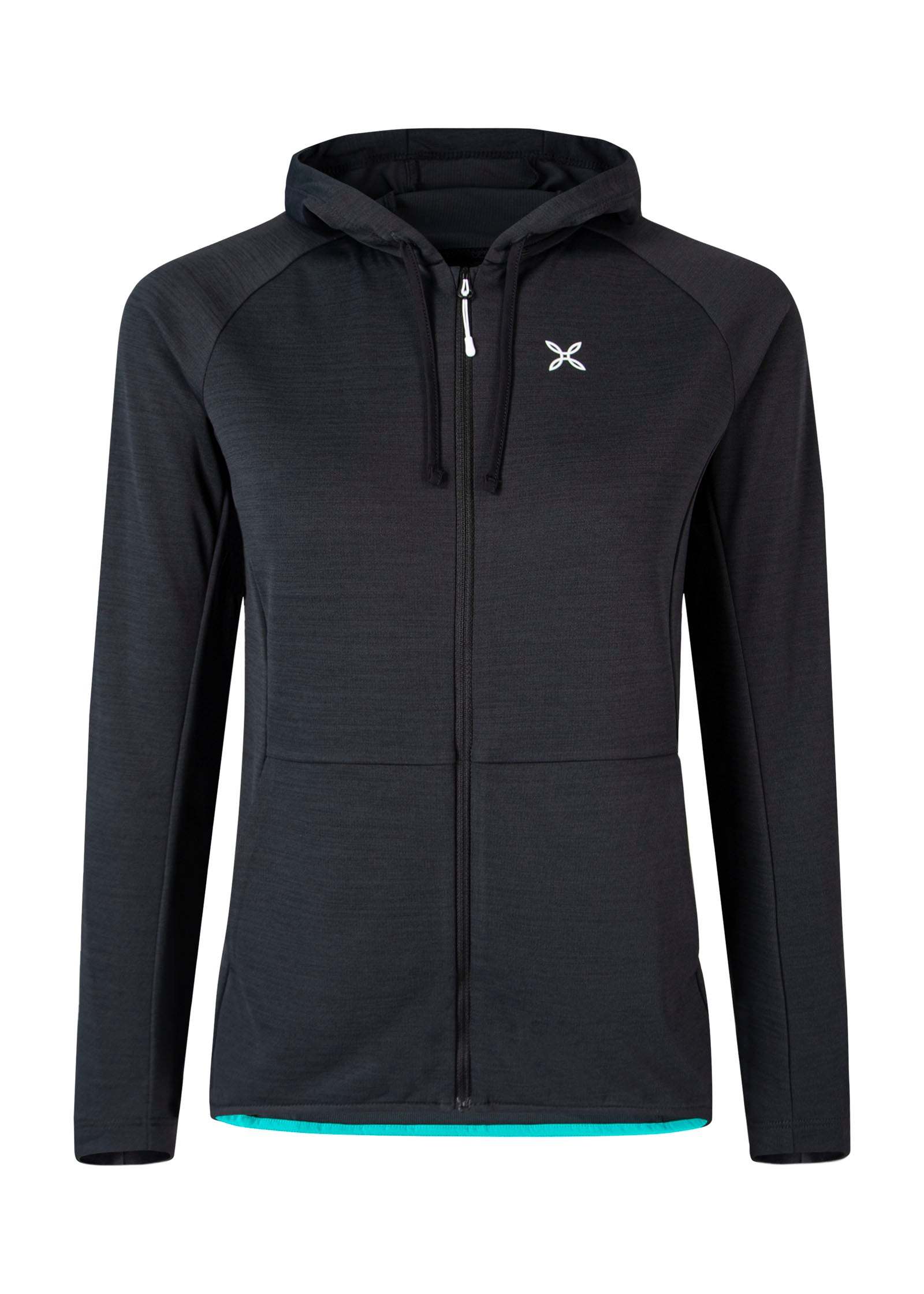 Women's black hooded outdoor jacket, durable Deltapeak™ fabric, UV protection, quick-dry, front zip, open hand pockets, ideal for climbing and trekking.