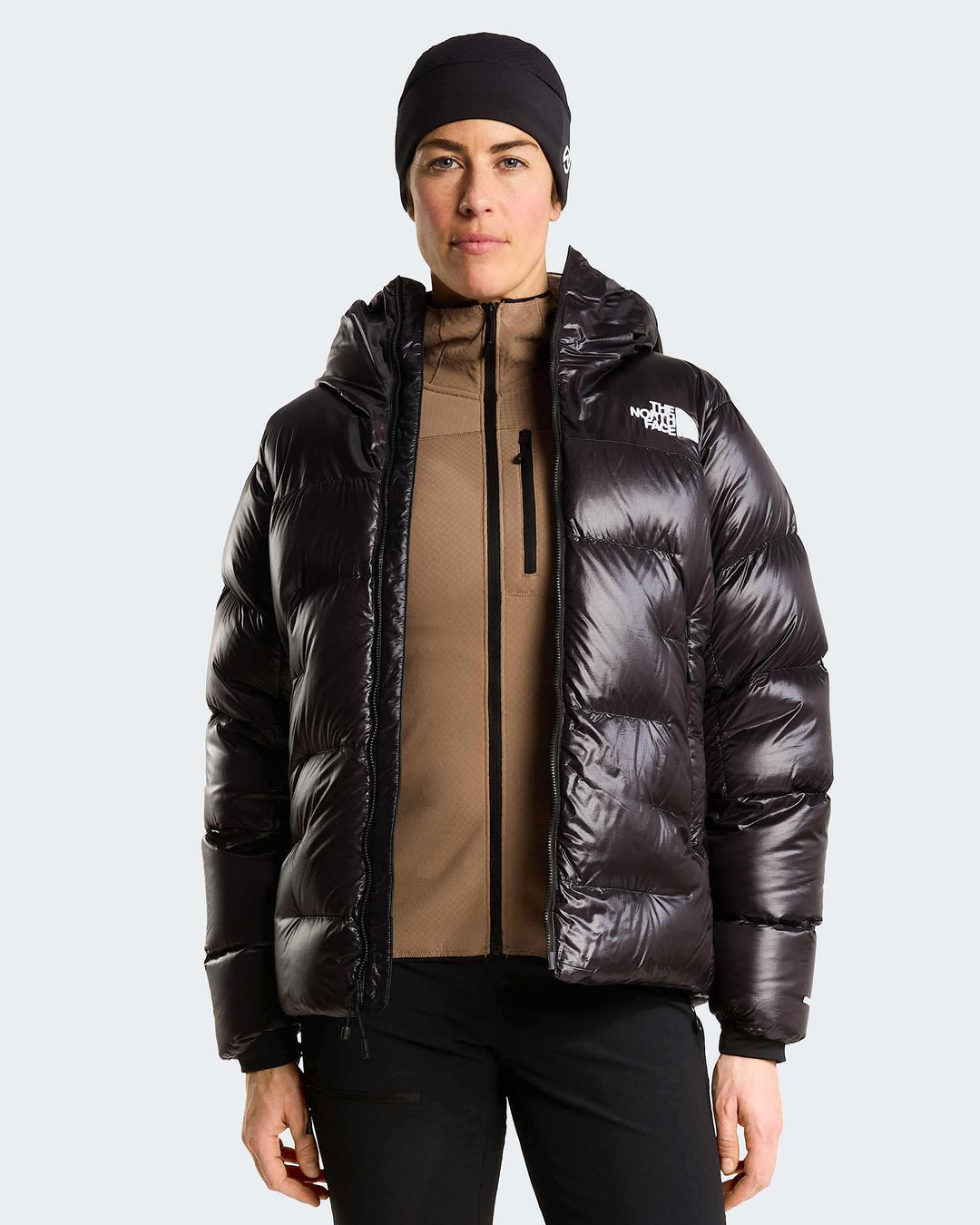 The North Face W Summit Pumori Down Parka - TNF Black - open front on model
