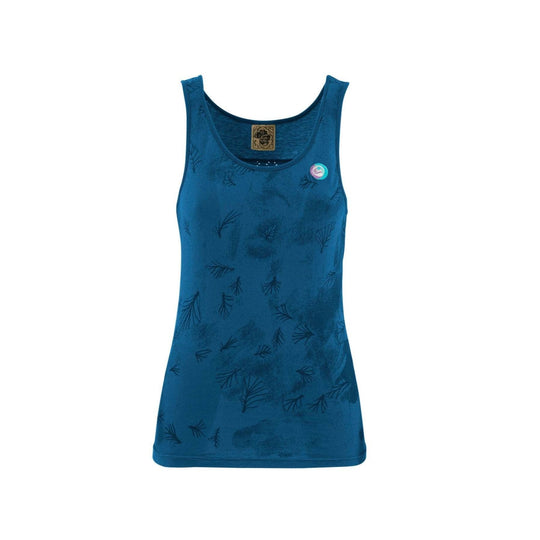 Sleeveless blue 'Tola 2.4' top with front print, organic cotton, and breathable mesh back for comfort and mobility.