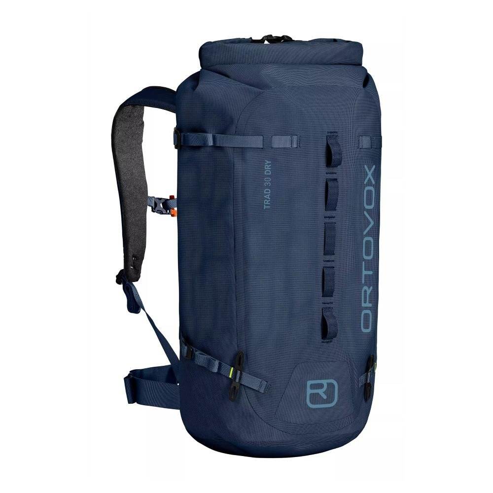 Blue Trad 30 Dry climbing backpack with waterproof material, helmet holder, and ergonomic back system.