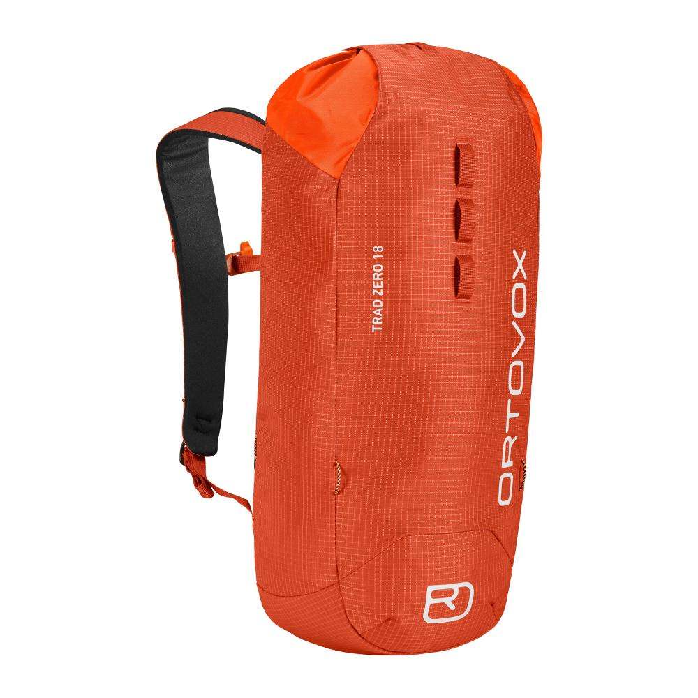 Lightweight and minimalist Trad Zero 18 backpack for alpine climbing, orange, durable 420D Ripstop material, sustainable design.