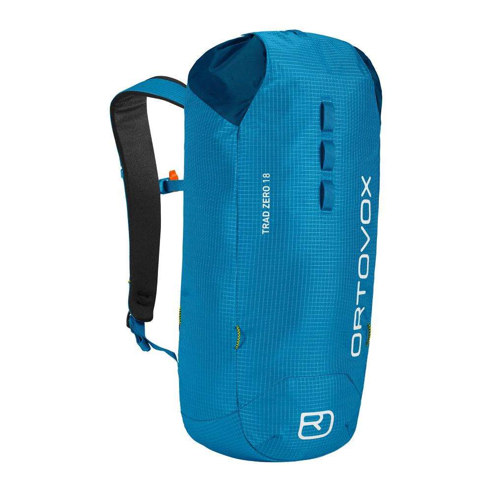 Lightweight and sustainable Trad Zero 18 climbing backpack, blue, with gear loops and hydration system.