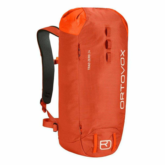 Lightweight and sustainable alpine climbing backpack Trad Zero 24 in orange with helmet and rope attachments, made from recycled polyamide ripstop.
