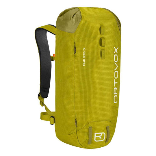 Lightweight and sustainable Trad Zero 24 climbing backpack in green with functional features.