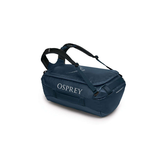 Blue Transporter 40 duffel bag with weather-resistant fabric and multiple handles.