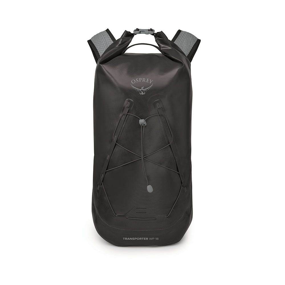 Waterproof transporter roll-top backpack, 18L capacity, black, durable recycled nylon.