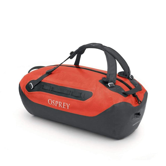 Waterproof Transporter WP Duffel 70 in vibrant orange and black, featuring adjustable handles and durable zipper closure for secure gear storage.