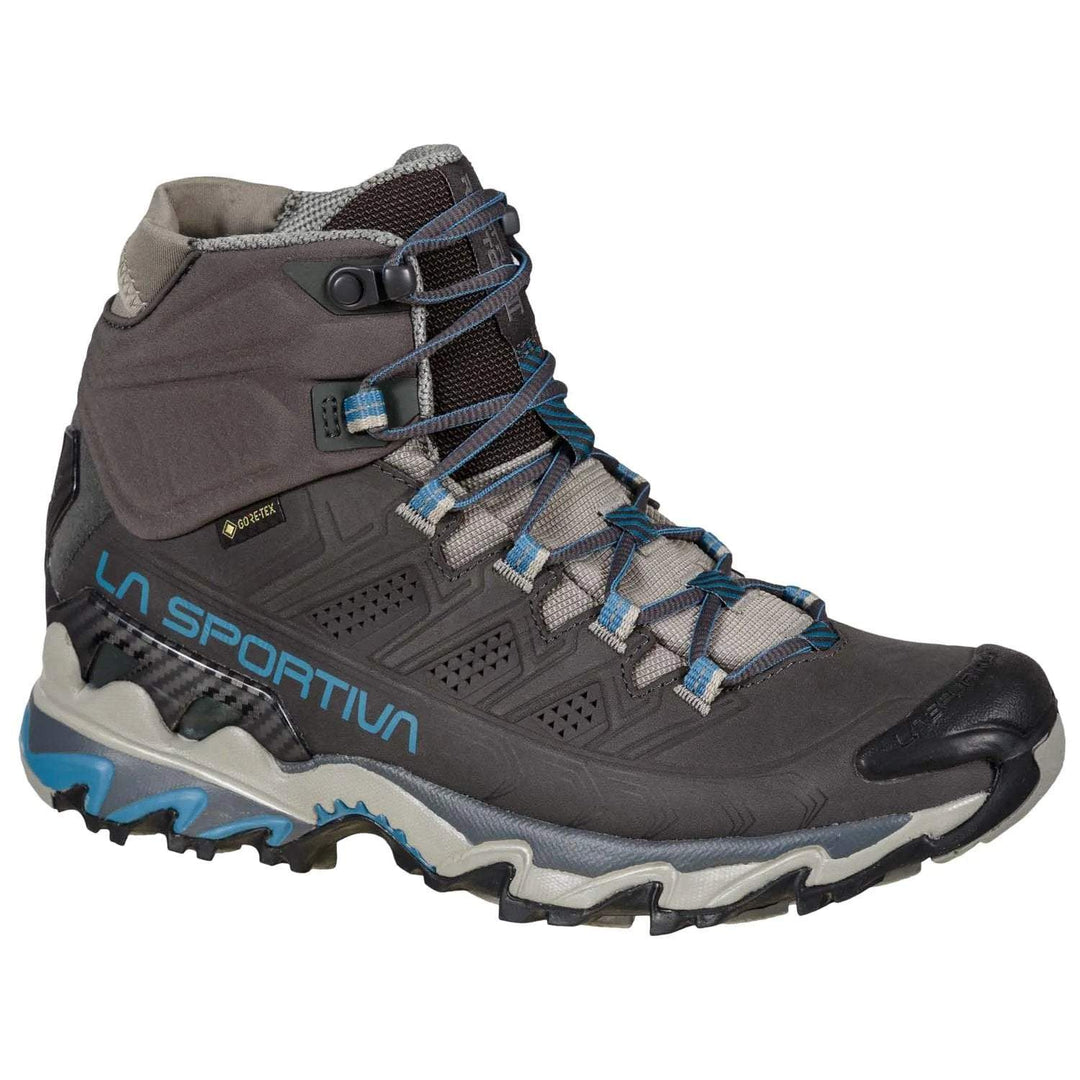 Women's Ultra Raptor II Mid Leather GTX hiking boot with gray Nubuck leather upper and blue accents.