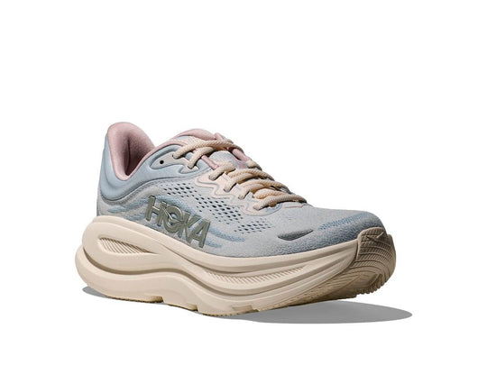 Scarpa HOKA Bondi 9 GLM donna azzurro chiaro e crema, vista a tre quarti del lato esterno