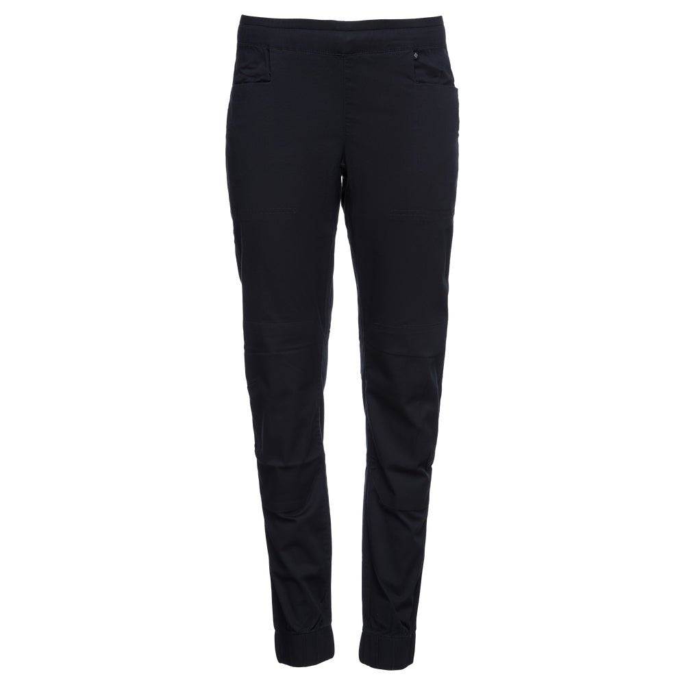 Black Diamond Notion SP Pants, relaxed fit, black cotton, elastic waistband and cuffs, ideal for gym and outdoor bouldering.