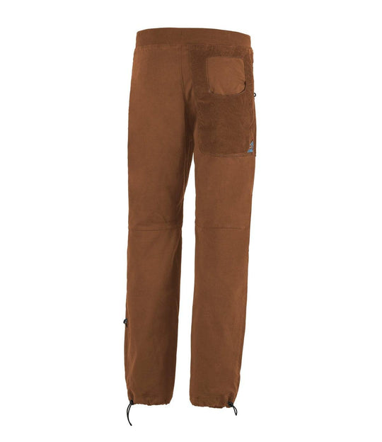 Pantaloni da outdoor in cotone organico con tasche in velluto e ricamo, fondo e vita regolabili, elasticità e comfort.