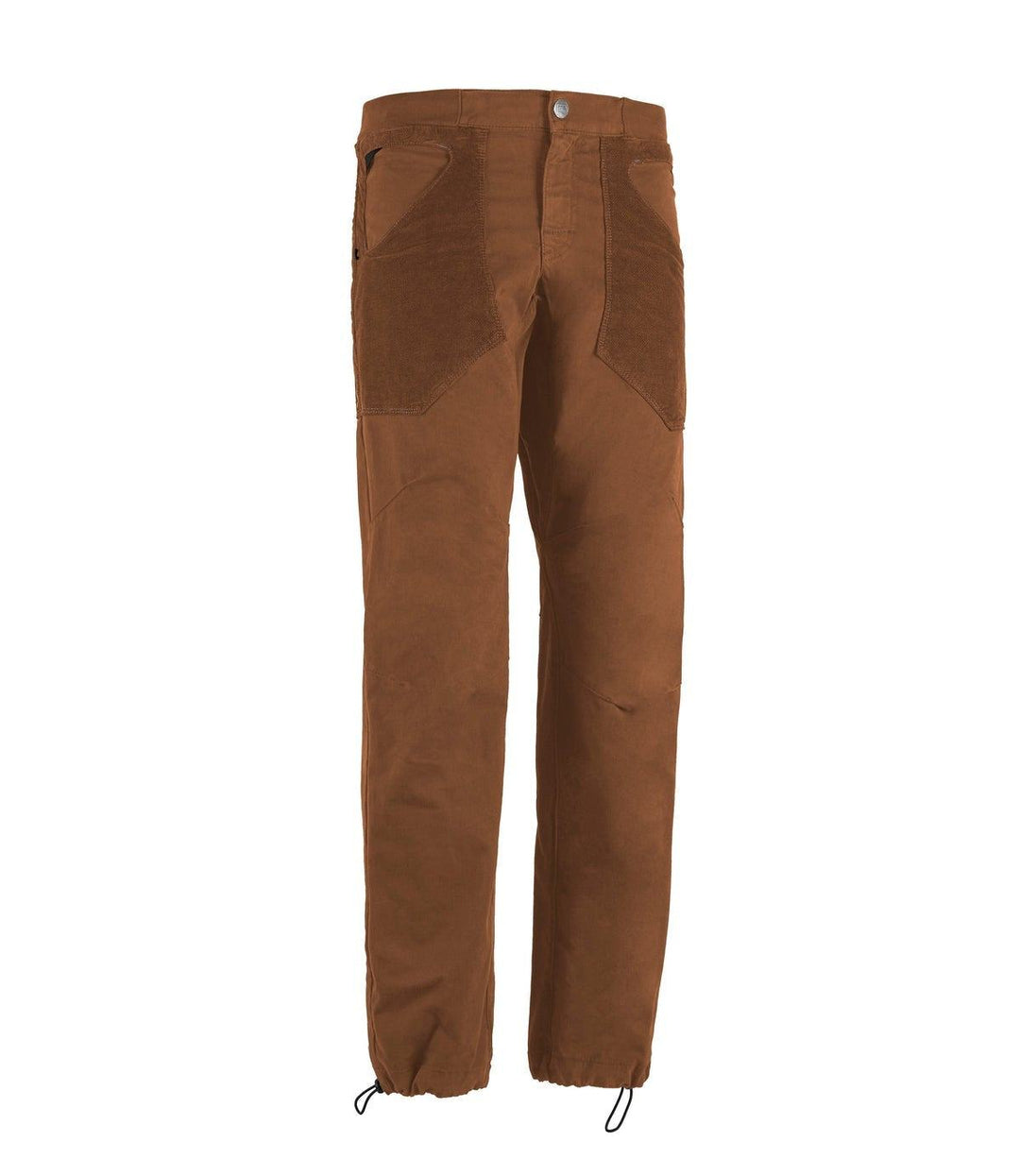 Pantaloni da outdoor in cotone organico con tasche in velluto e ricamo, vita e fondo regolabili, comfort ed elasticità.