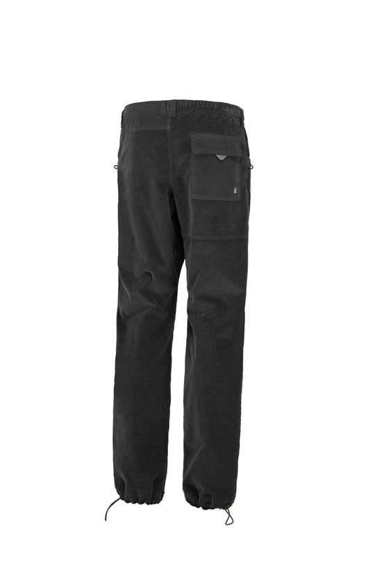 Pantaloni Mont1 V in velluto a coste nero, con tasca posteriore con patta e orli regolabili con cordino.