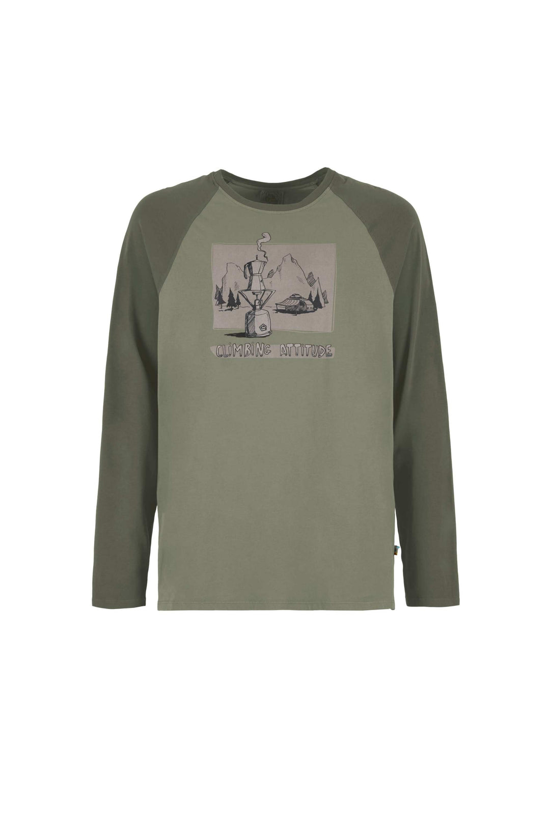 Maglia a maniche lunghe in cotone verde oliva, con inserti verde scuro e stampa grafica frontale Long Coffee.