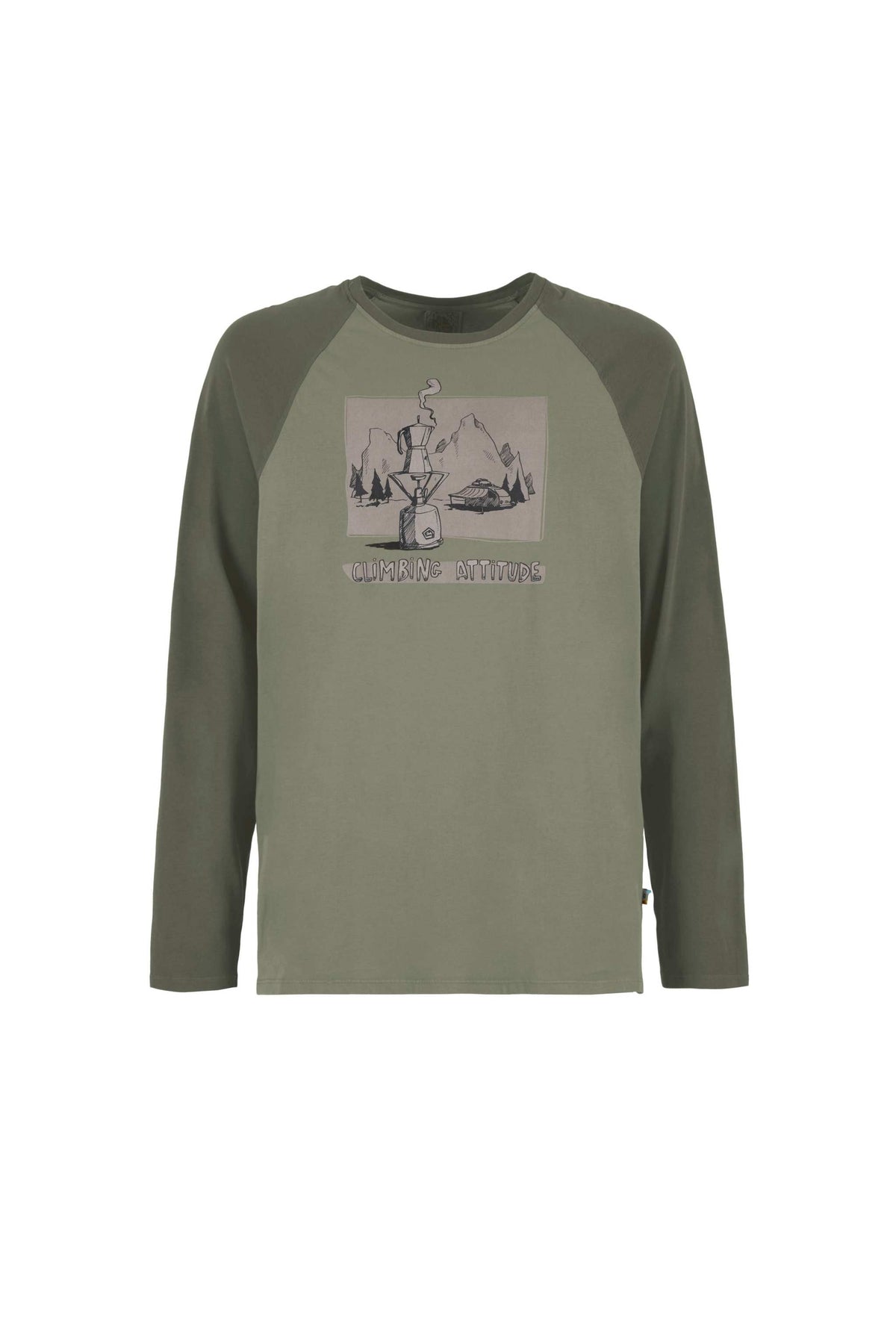 Maglia a maniche lunghe in cotone verde oliva, con inserti verde scuro e stampa grafica frontale Long Coffee.