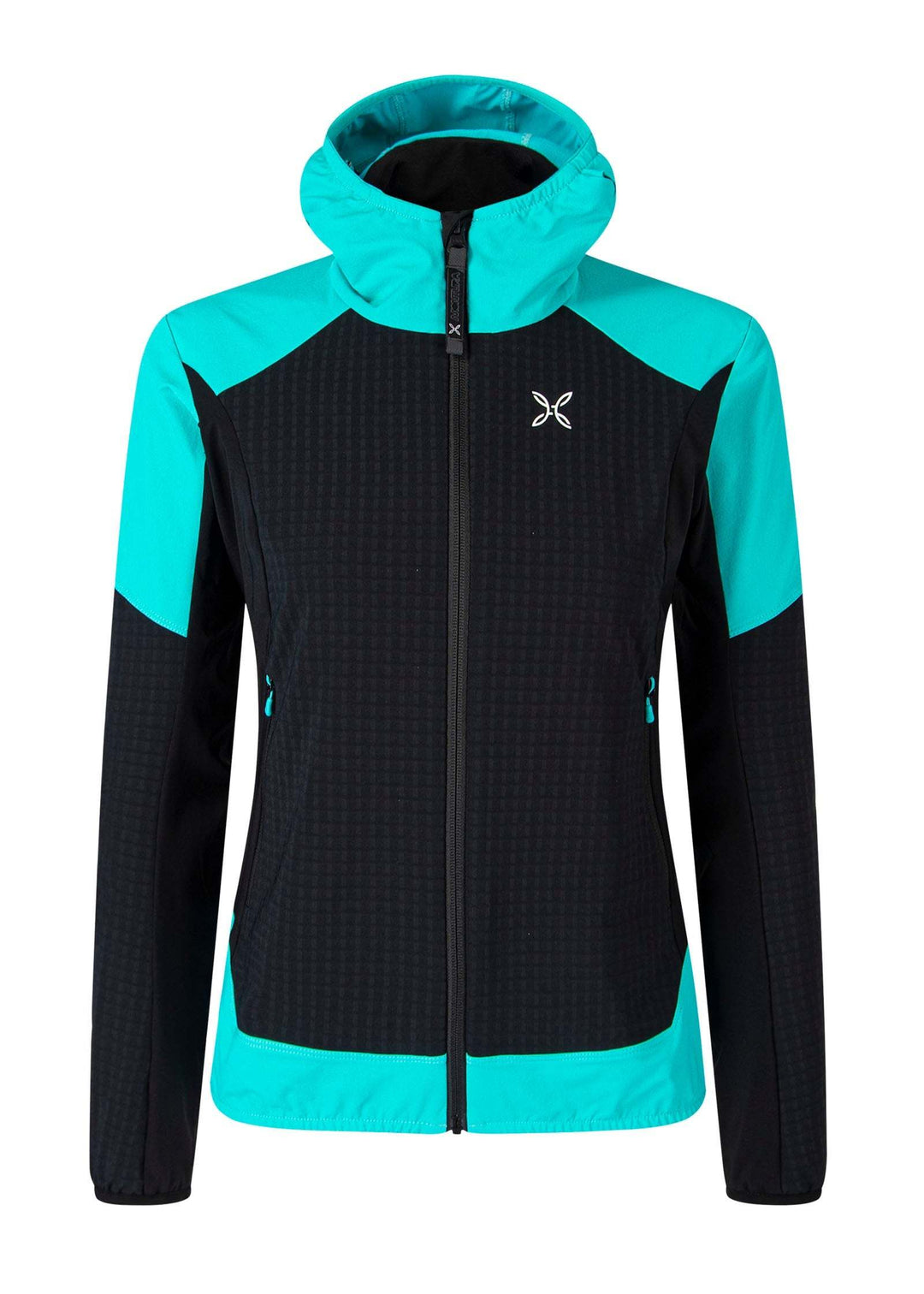 Wind Revolution Hoody Jacket Woman in black and turquoise; versatile outdoor jacket with hood, zip pockets, and stretchy, water-repellent fabric.