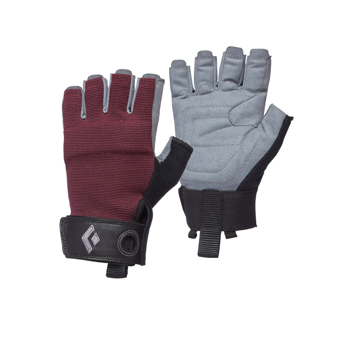 Women’s Crag Half-Finger gloves, lightweight, breathable, durable, enhanced grip, ferrata suitable, updated finger construction, low-profile wrist strap.