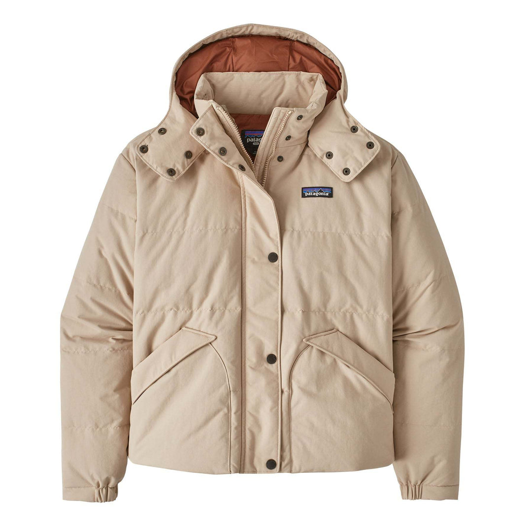 Vintage-inspired beige Downdrift Jkt with detachable hood, external and internal pockets, made from recycled materials.