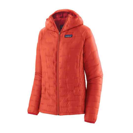 Women's Micro Puff Hoody in orange, lightweight, windproof Pertex Quantum fabric; synthetic insulation with PlumaFill for warmth and compressibility.