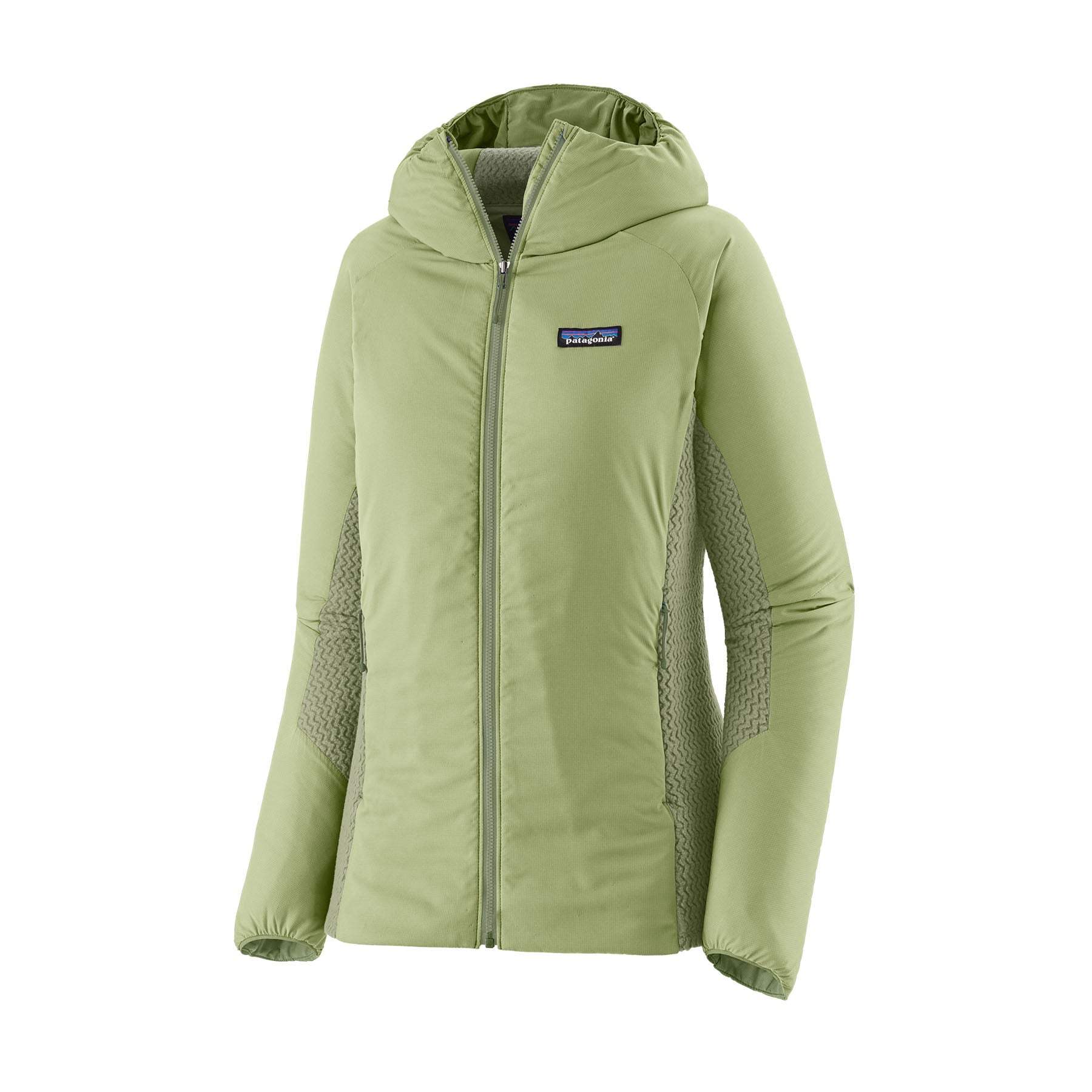 Women's Nano-Air Light Hybrid Hoody in green, featuring lightweight insulation and breathable fabric for high-aerobic activities.