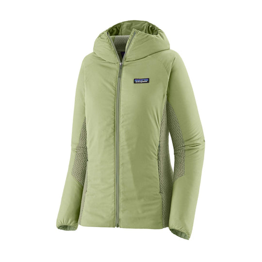 Women's Nano-Air Light Hybrid Hoody in green, featuring lightweight insulation and breathable fabric for high-aerobic activities.