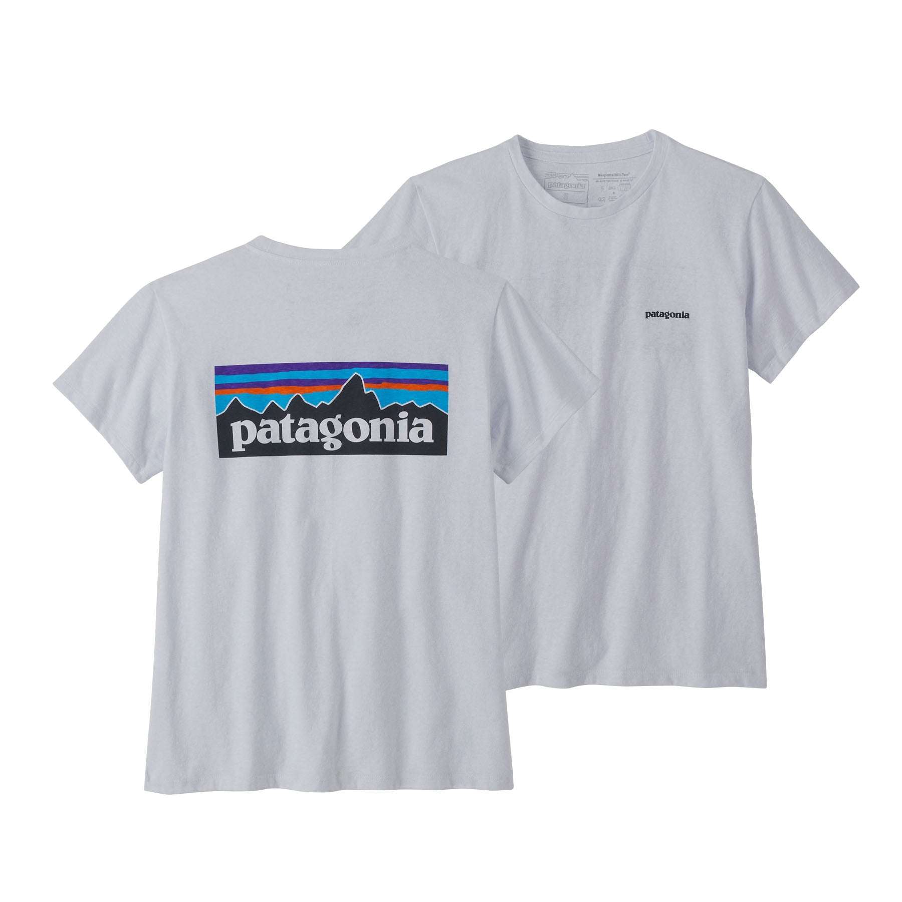 Patagonia W's P-6 Logo Responsibili-Tee made from recycled materials, front and back view.