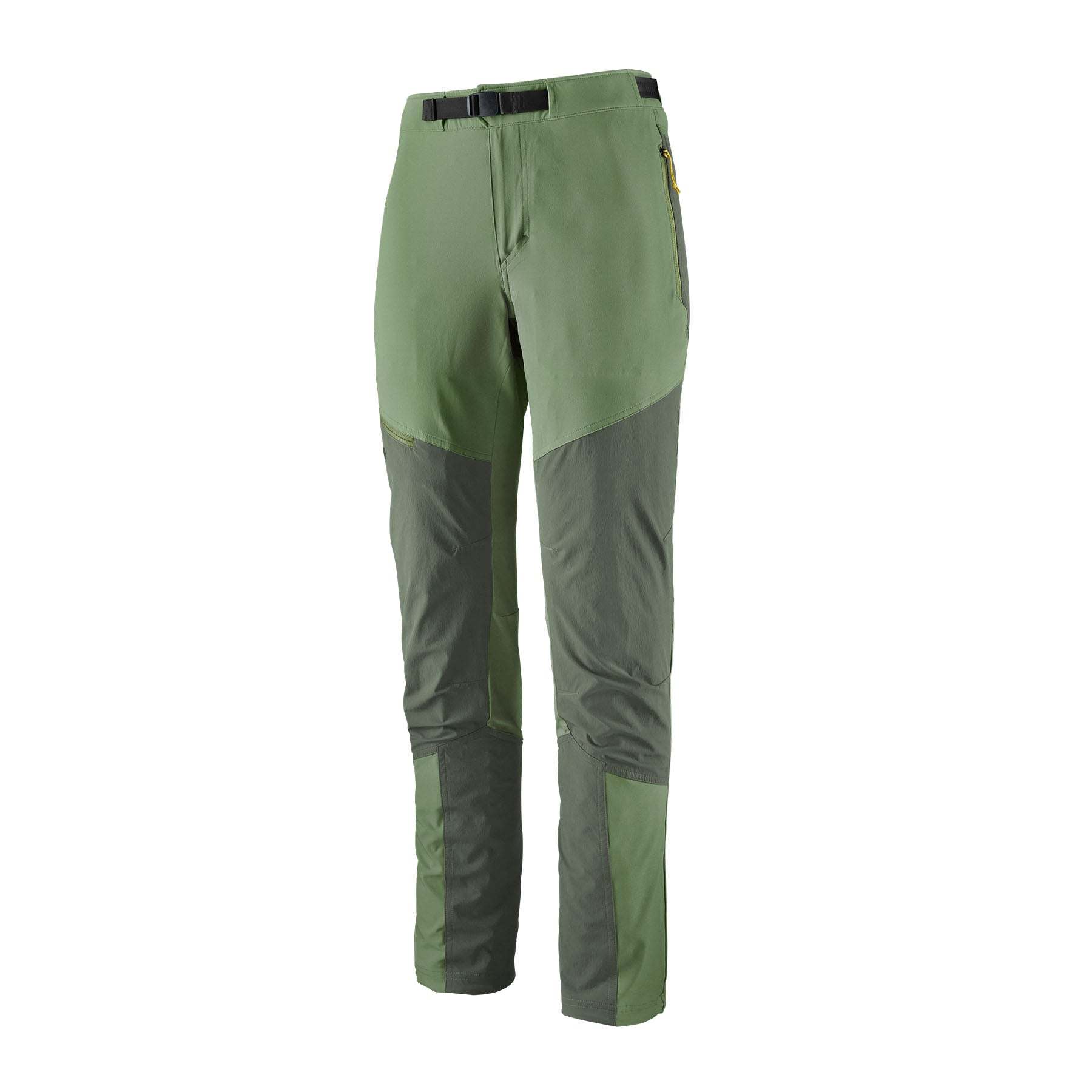 W's Terravia Alpine Pants in green, durable and flexible for alpine climbing, featuring adjustable waist and pockets, made with recycled materials.
