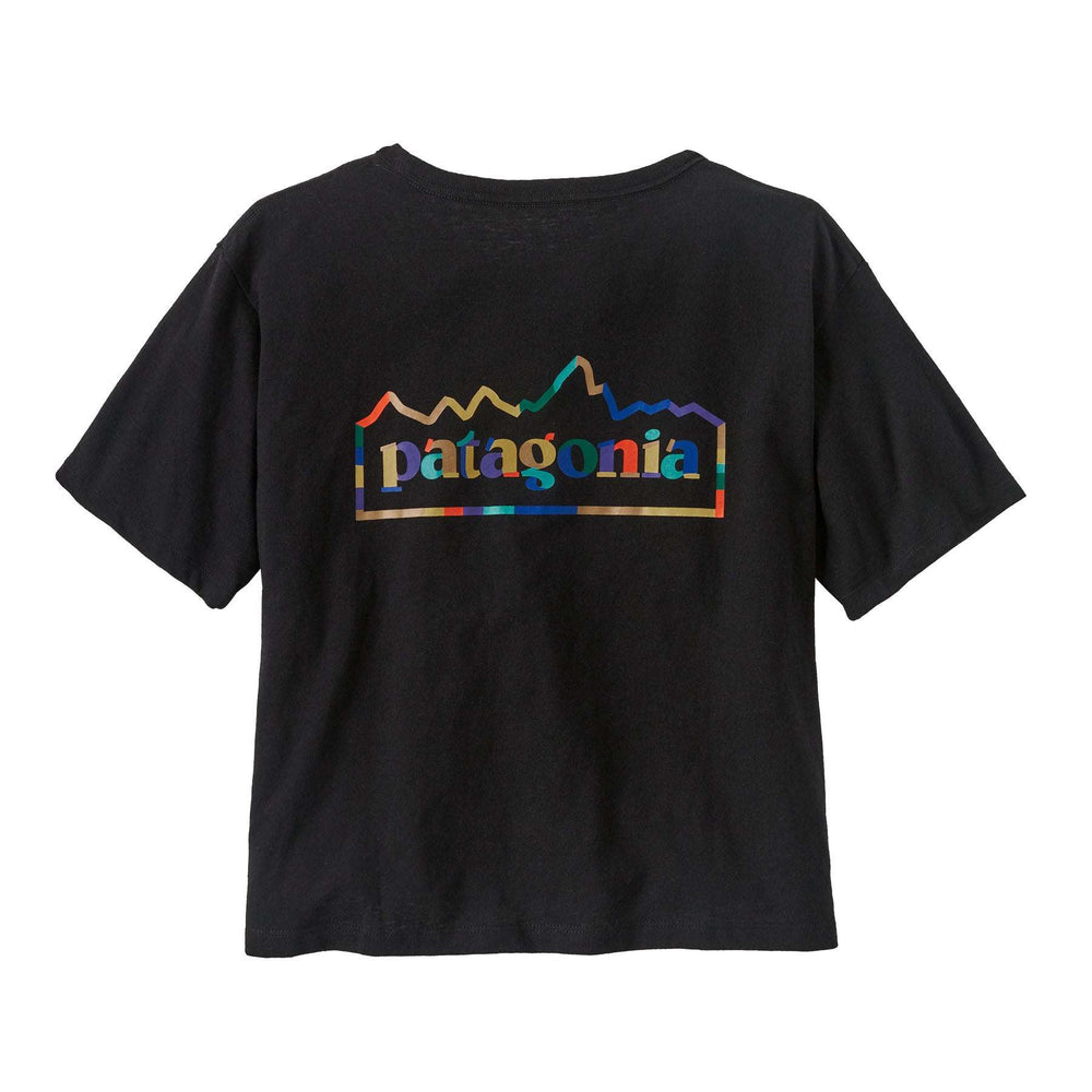 Black t-shirt with colorful Patagonia logo and Earth symbol, made from recycled materials, featuring a comfortable boxy fit.